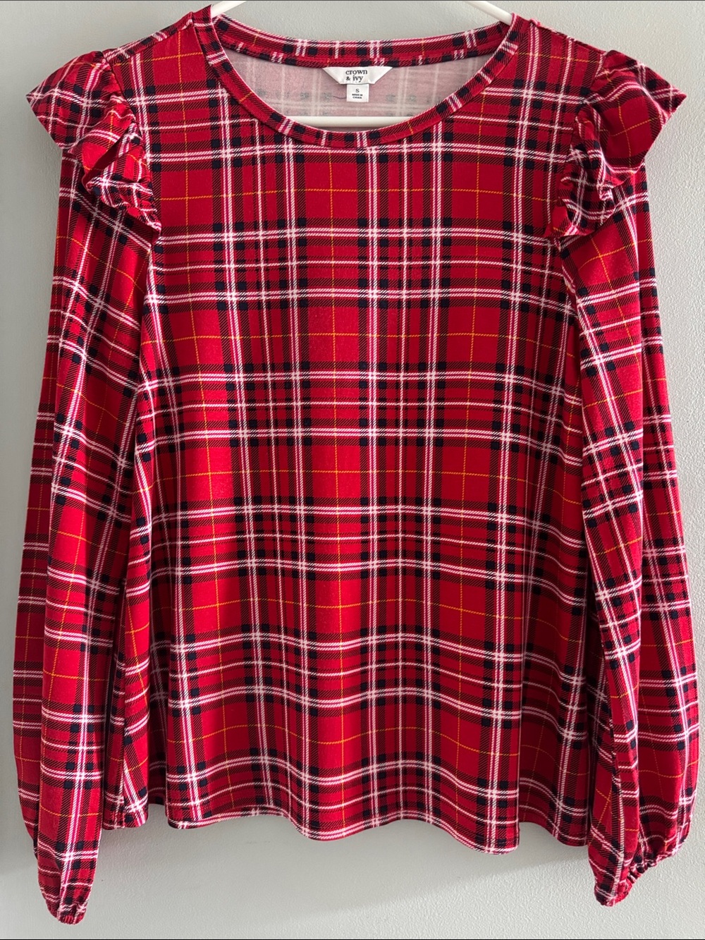 Crown & Ivy Red Plaid Ruffle Shoulder Long-Sleeve Top Small